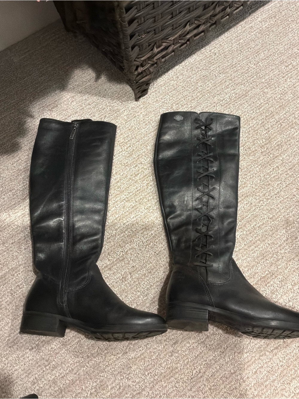 Harley-Davidson Black Leather Knee-High Lace-Up Riding Boots